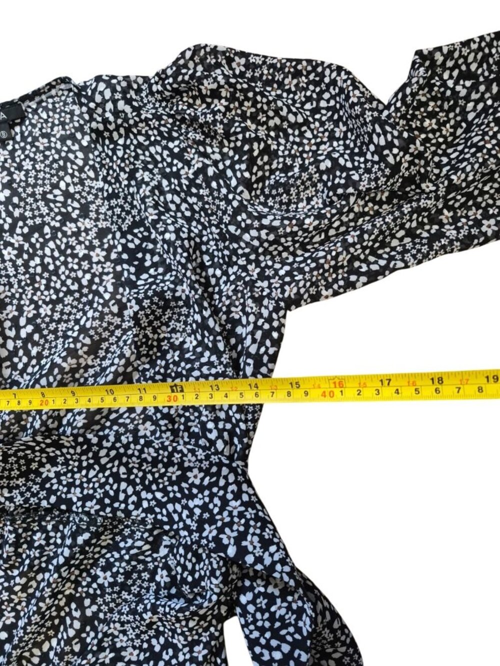 Ela Floral Midi Dress Black White Puff Sleeve Tie Waist Sheer Size 8. - Picture 8 of 9